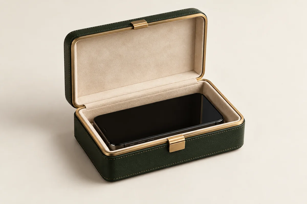 BLACKOUT concept: open green leather and brass valet containing a phone.