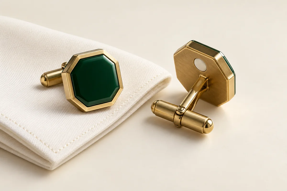 COUNTERSIGN concept: octagonal green enamel and brass cufflinks, with a rear antenna window.
