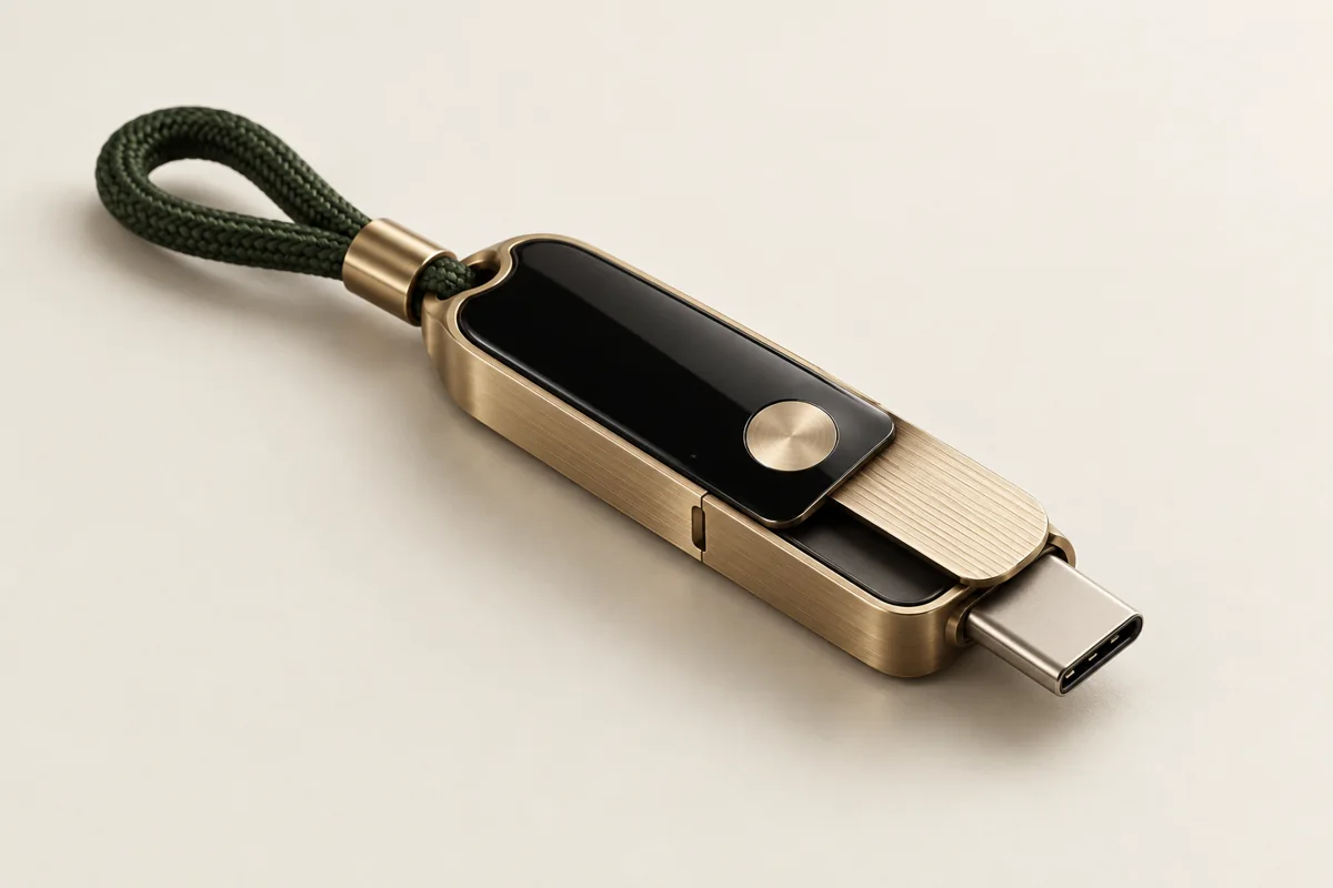 DOUBLE AGENT concept: black and brass security-key case with exposed USB-C connector.