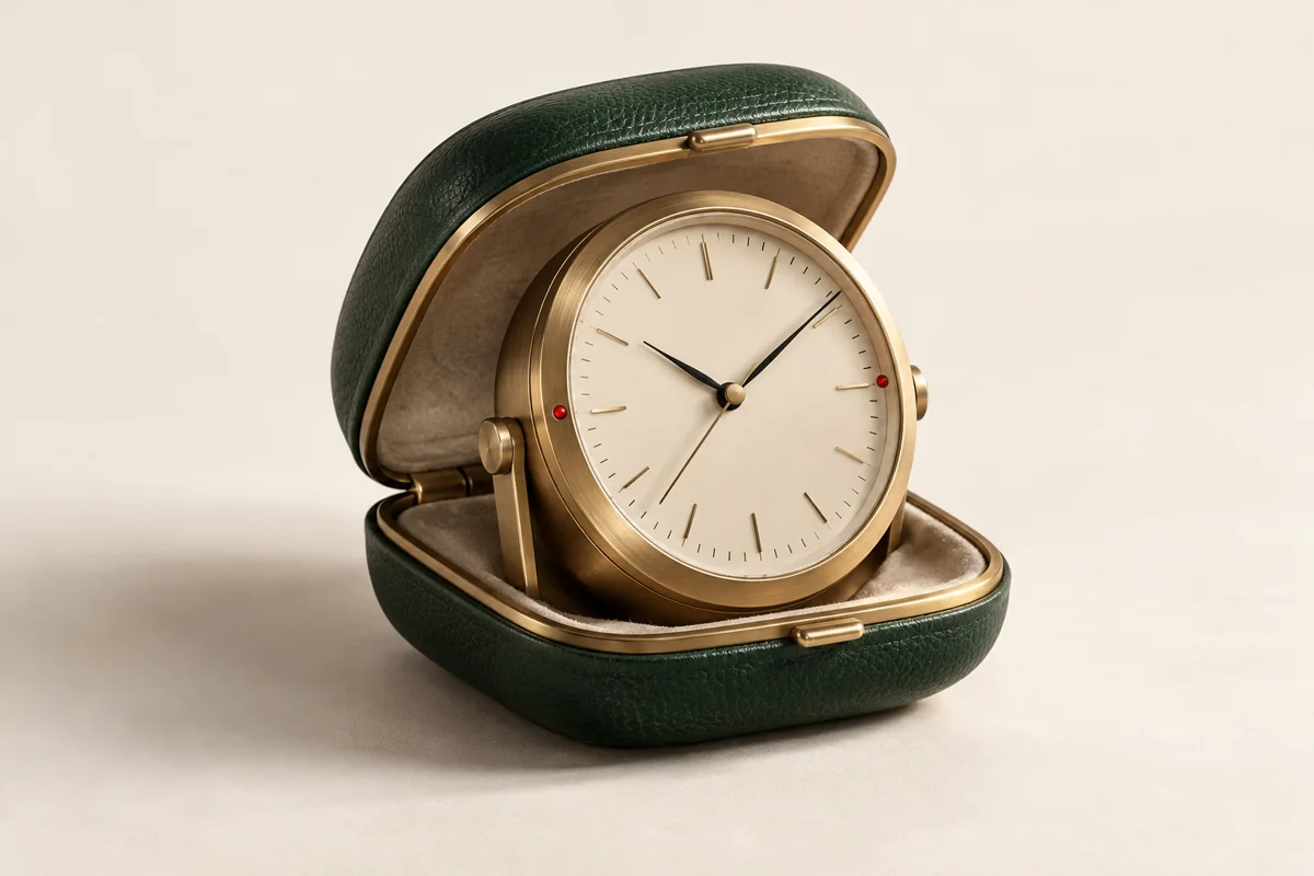 ENVOY concept: green leather travel clock with brass bezel and two small signal lights.