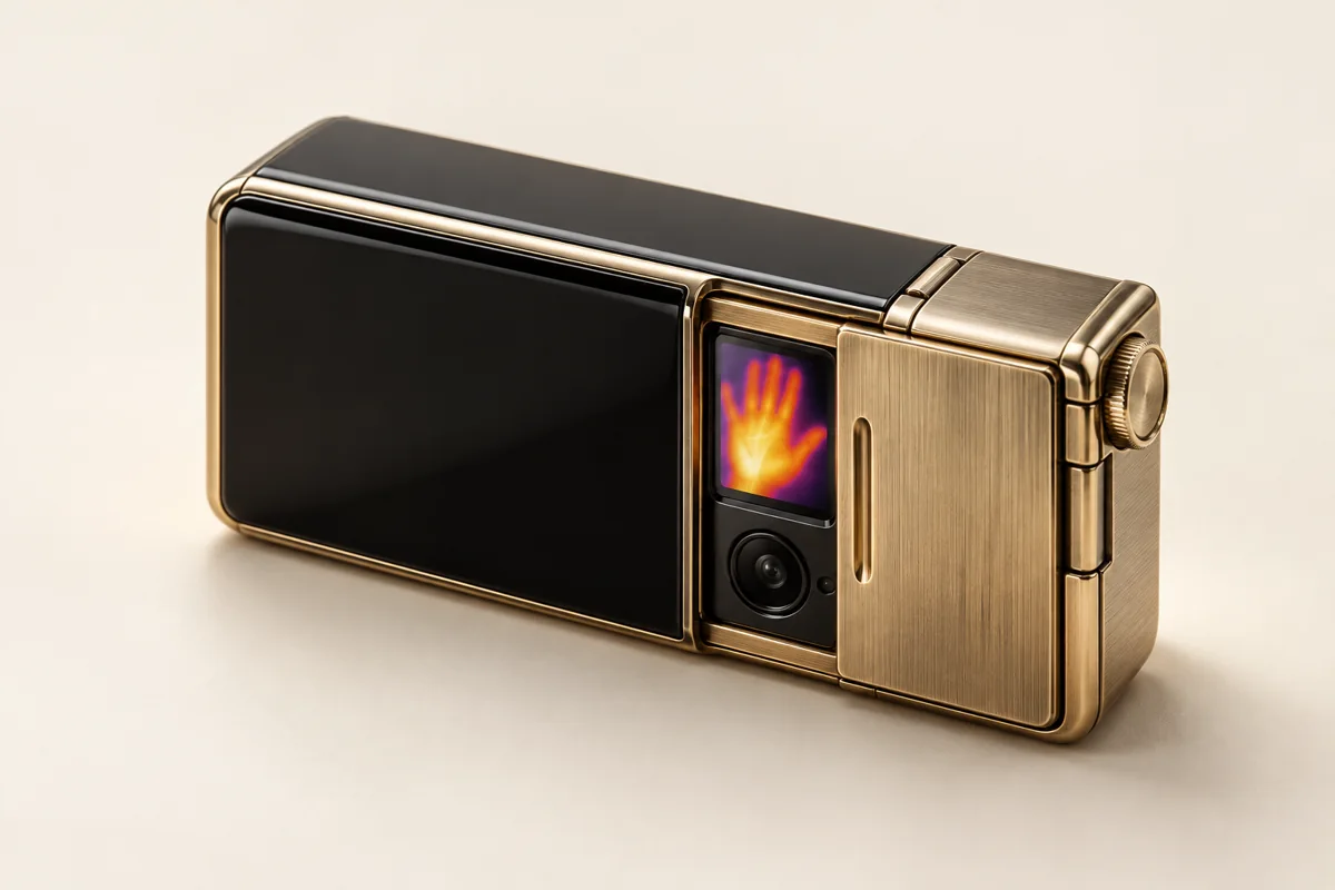NOCTURNE concept: black and brass lighter-shaped instrument with a revealed thermal display.